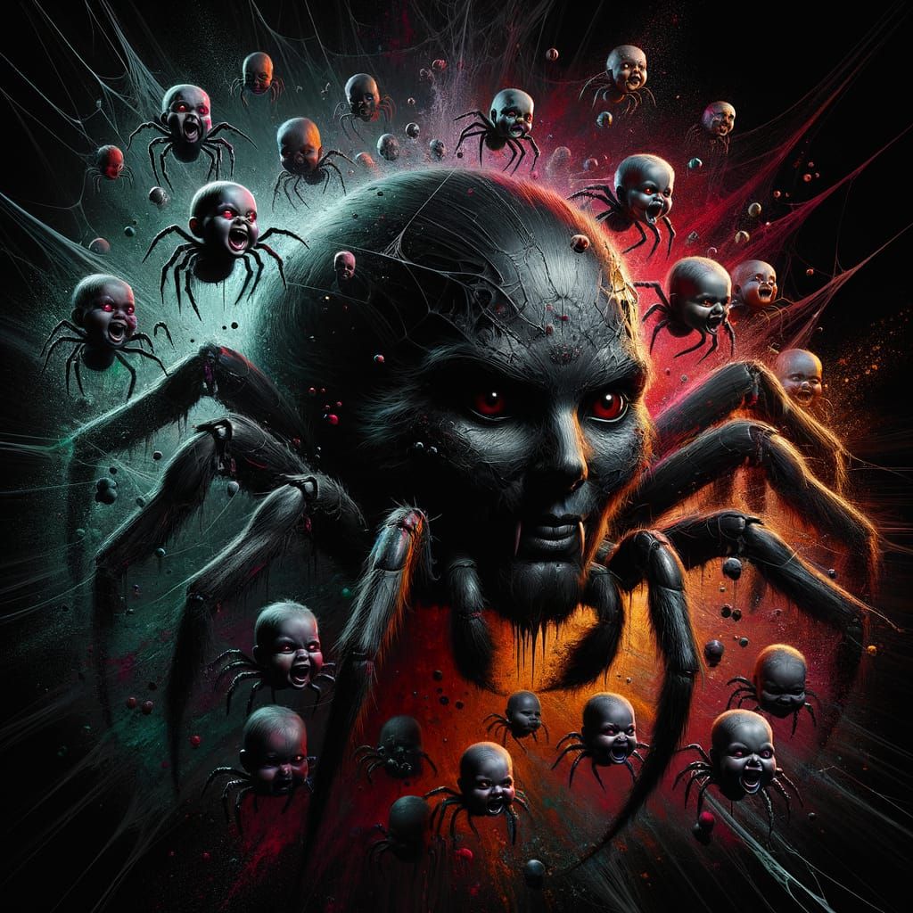 Giant Black Widow Spider with Baby Spiders in Dark Environme...