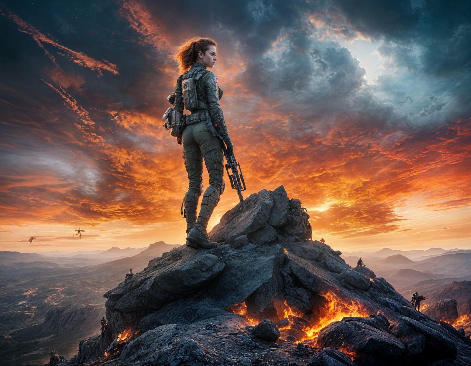 Futuristic Soldier on Hilltop with Fiery Sky