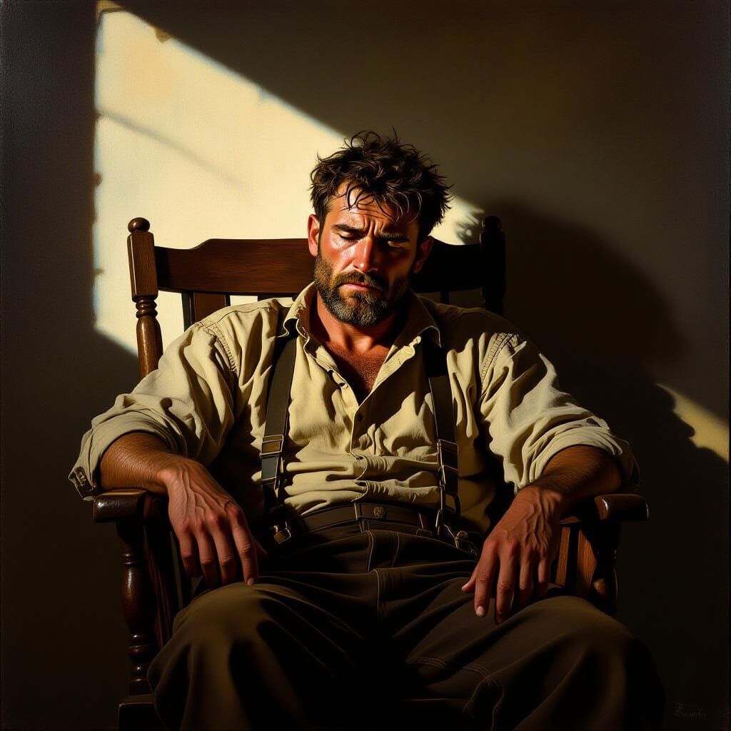 Weary Man in Chair: Dramatic Lighting