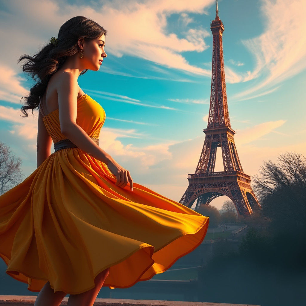 Woman in Flowing Dress with Eiffel Tower Backdrop