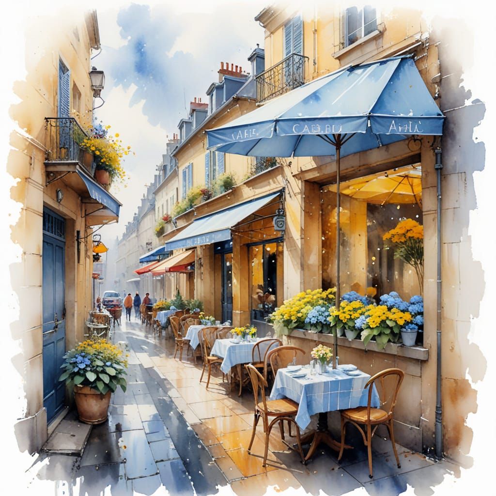 Parisian Cafe Terrace in Watercolor