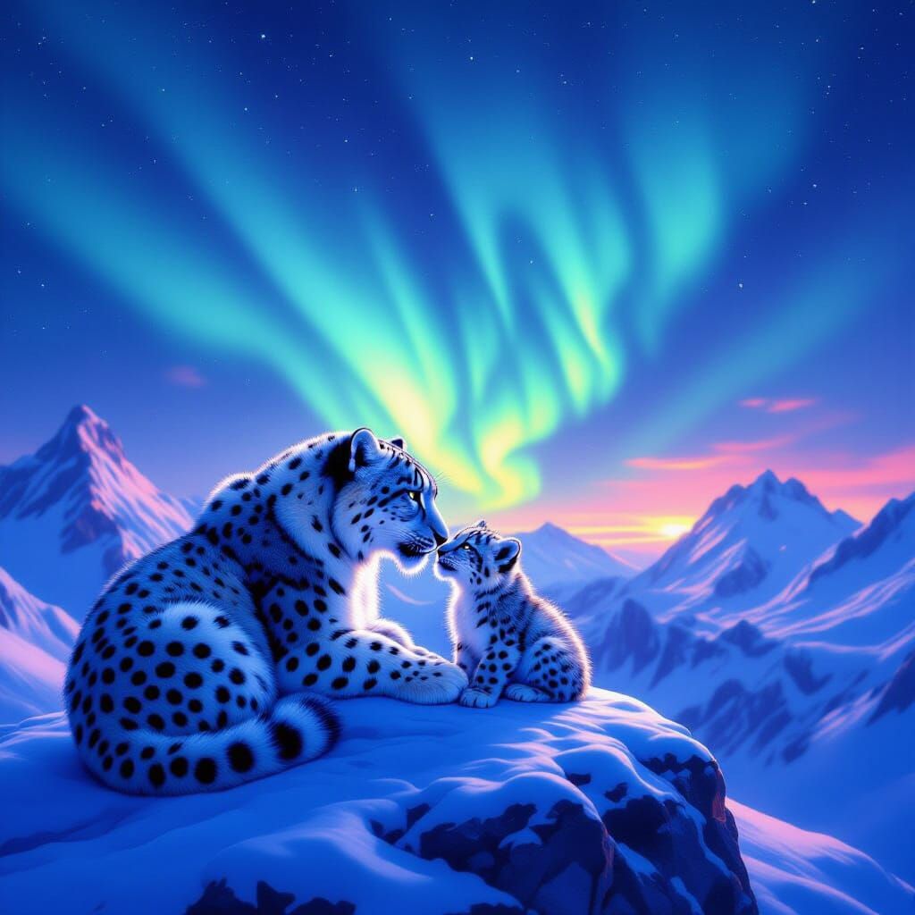 Snow Leopards Under Aurora Borealis in Digital Matte Paintin...