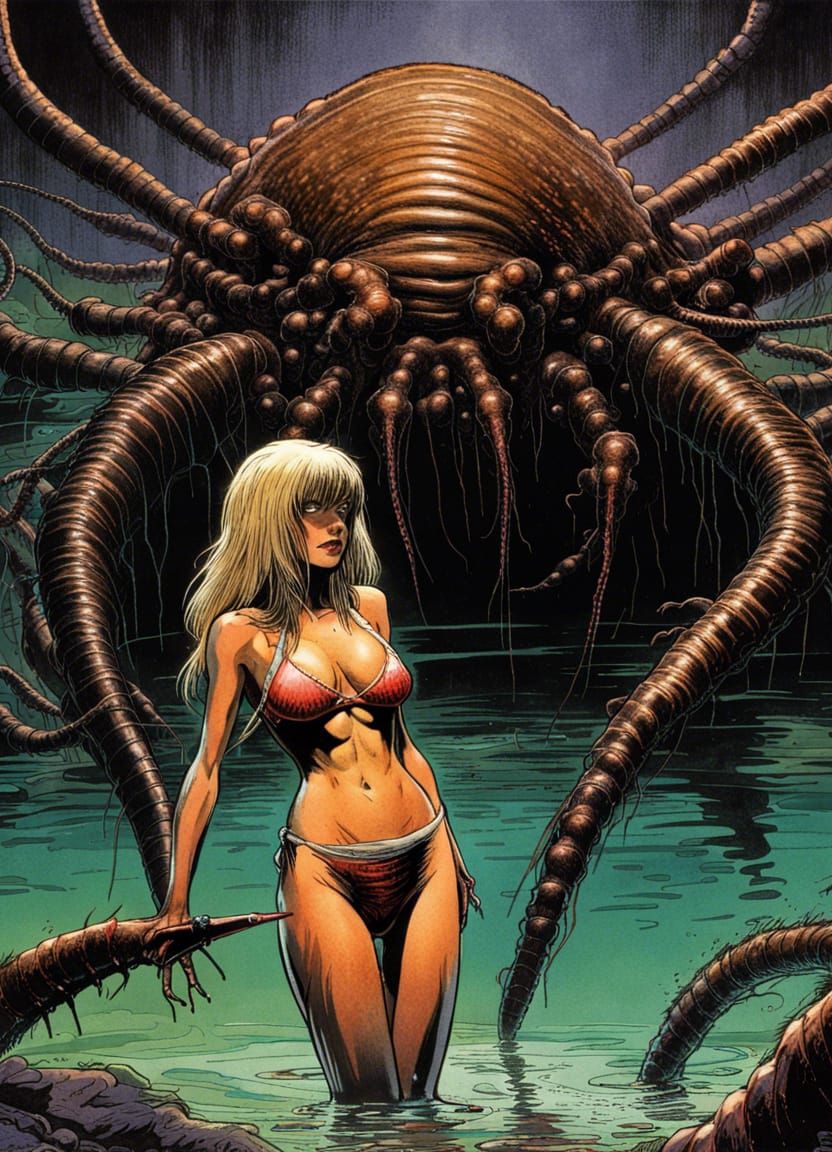 Centipede Monster Emerges, Comic Art Horror Style