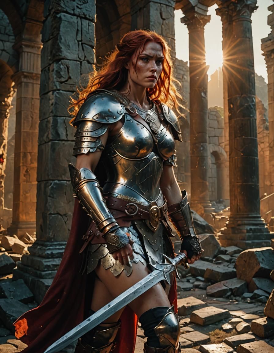 Red Sonja in Ancient Ruins, Frazetta-Style Film Still