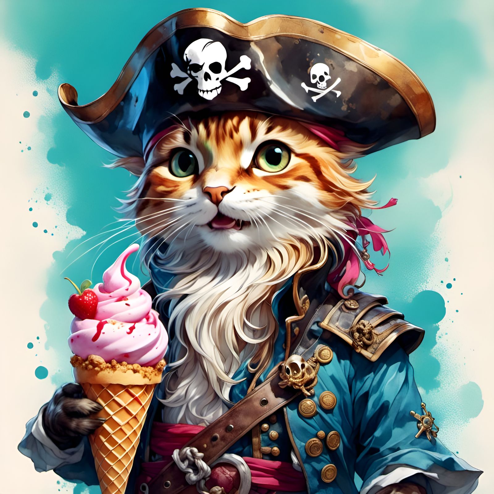 Adorable Ice Cream Pirate Portrait in Watercolor Style