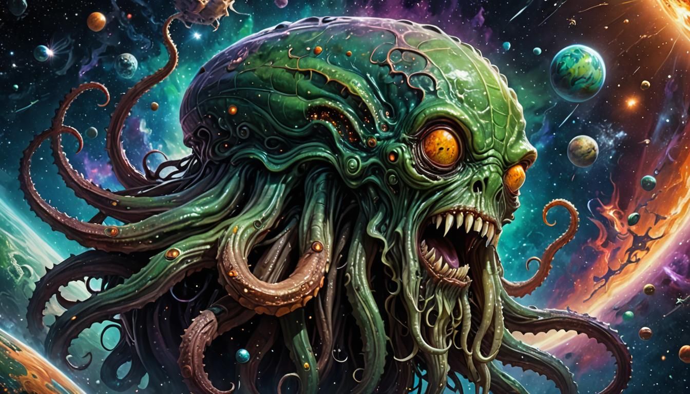 Happy Cthulhu in Space: Hyperrealistic Splash Art
