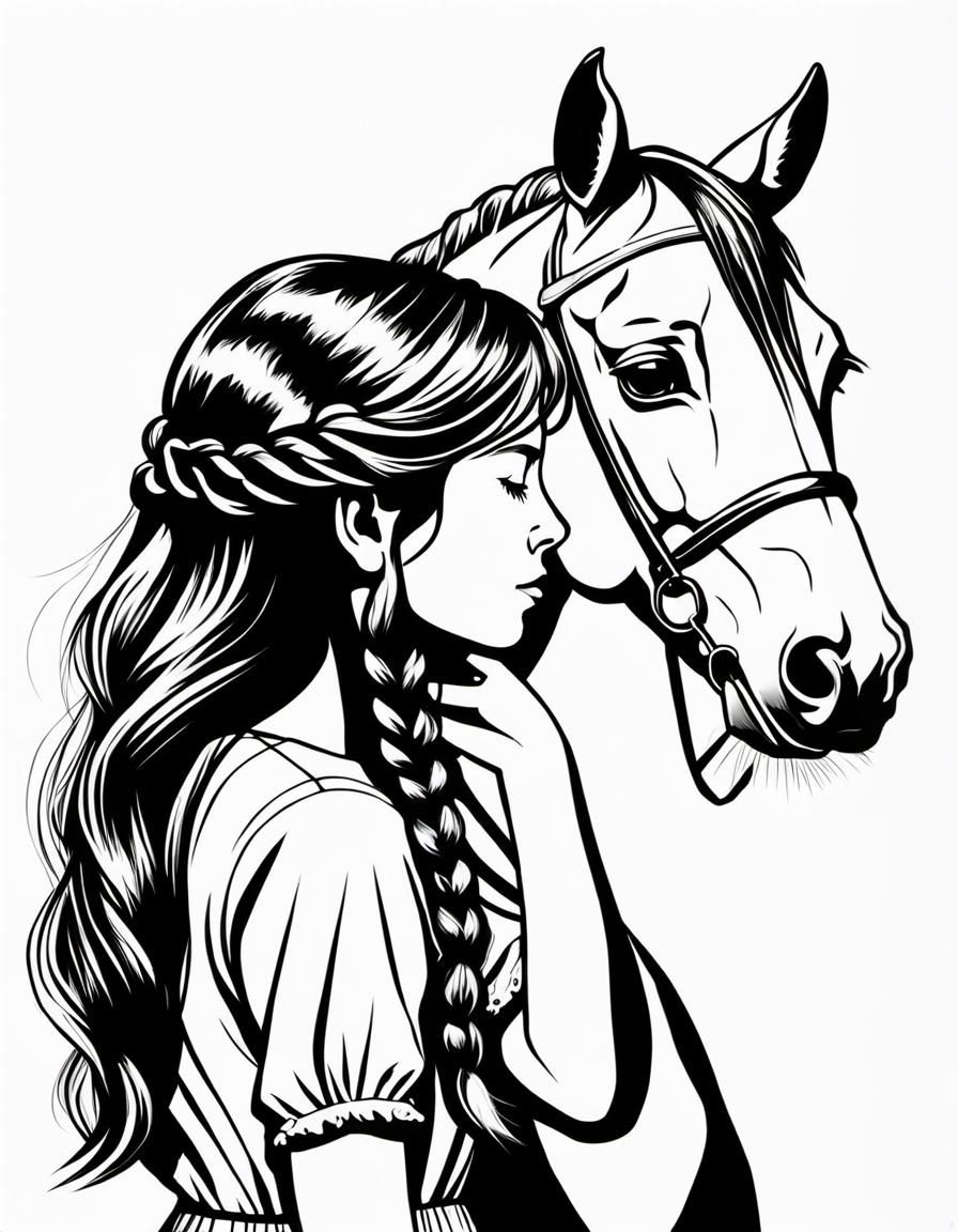 Girl and Horse: Tender Moment in Comic Style
