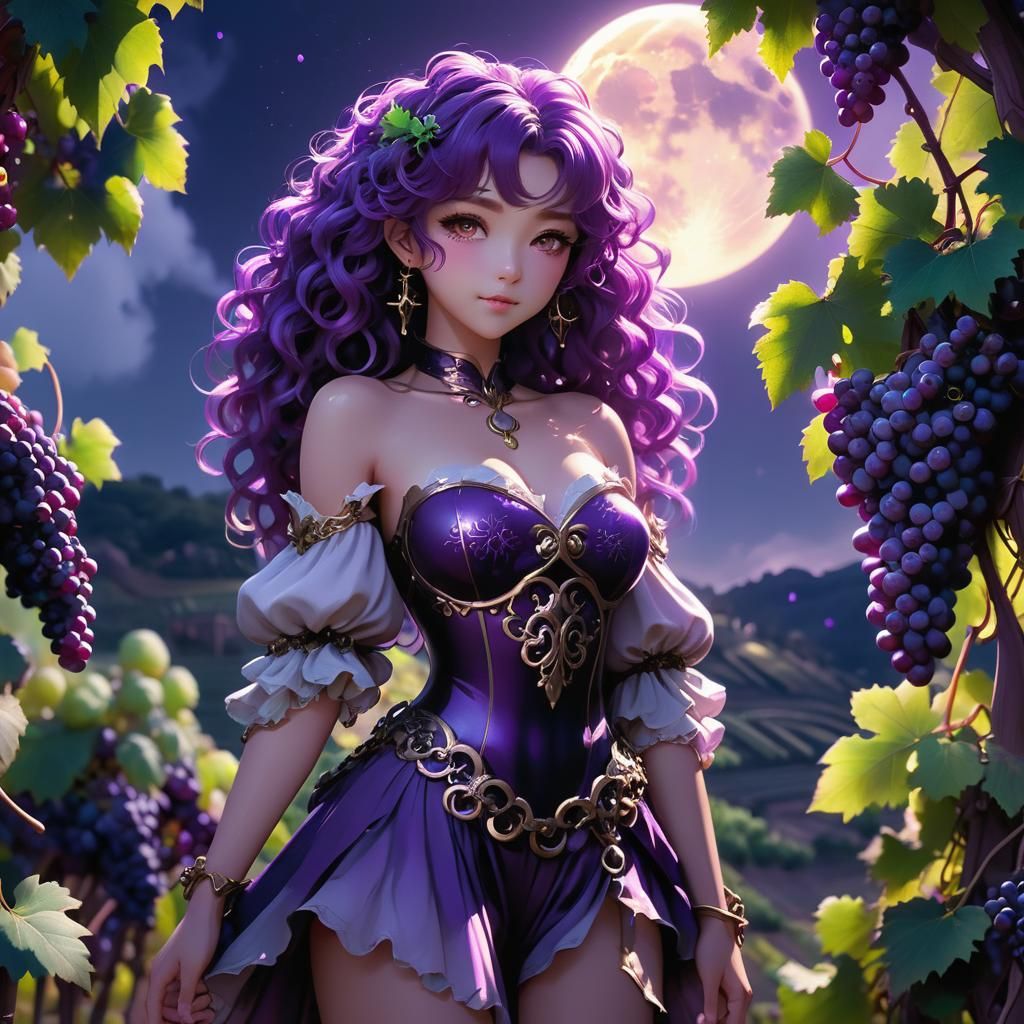 Luminous Grape Girl in Mystical Vineyard