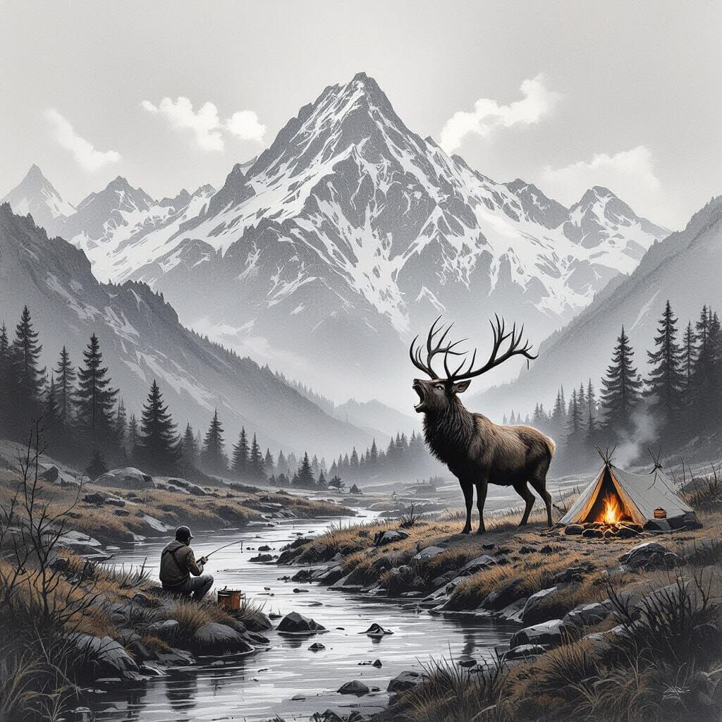 Red Stag Roaring in Charcoal Drawing Style