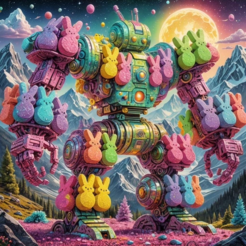 Peeps Robot in Mountains: Pablo Amaringo Style