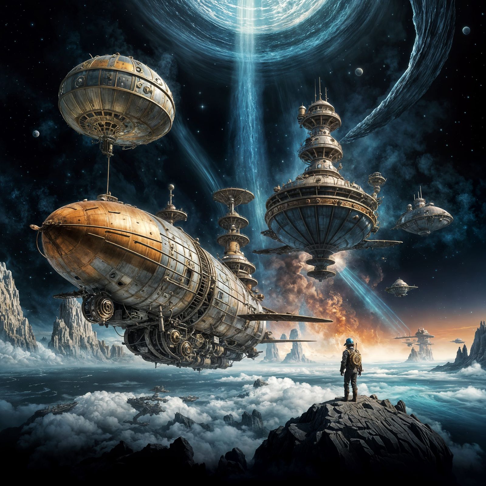 Majestic Steampunk Airship Soars Through Swirling Nebula