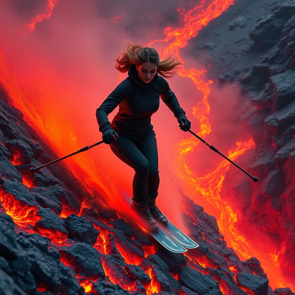 Female Skier Descends Inferno of Lava and Flames in Dynamic...