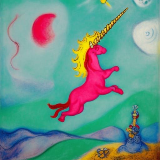 Winged Unicorn Leaps Toward the Ocean: Chagall Style