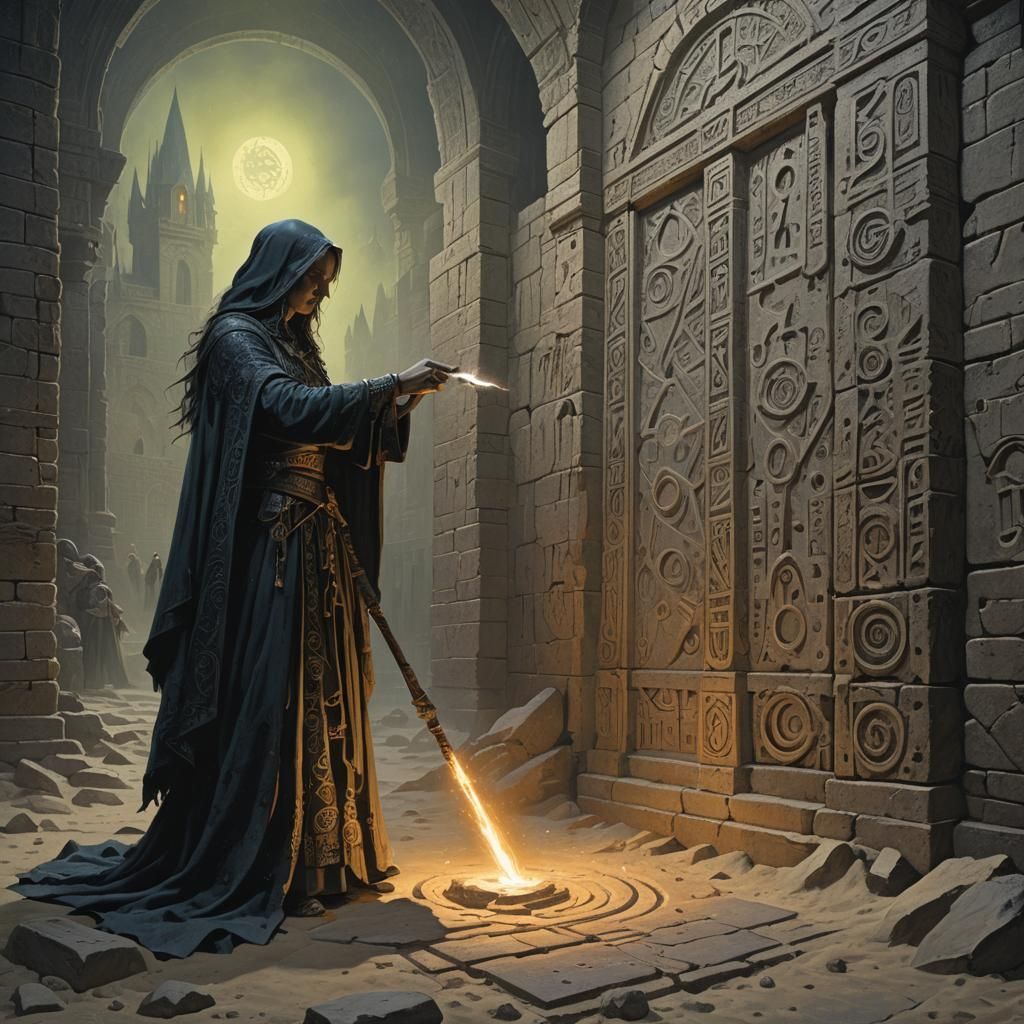 Sorceress Creates Glowing Runes with Neon Flashes