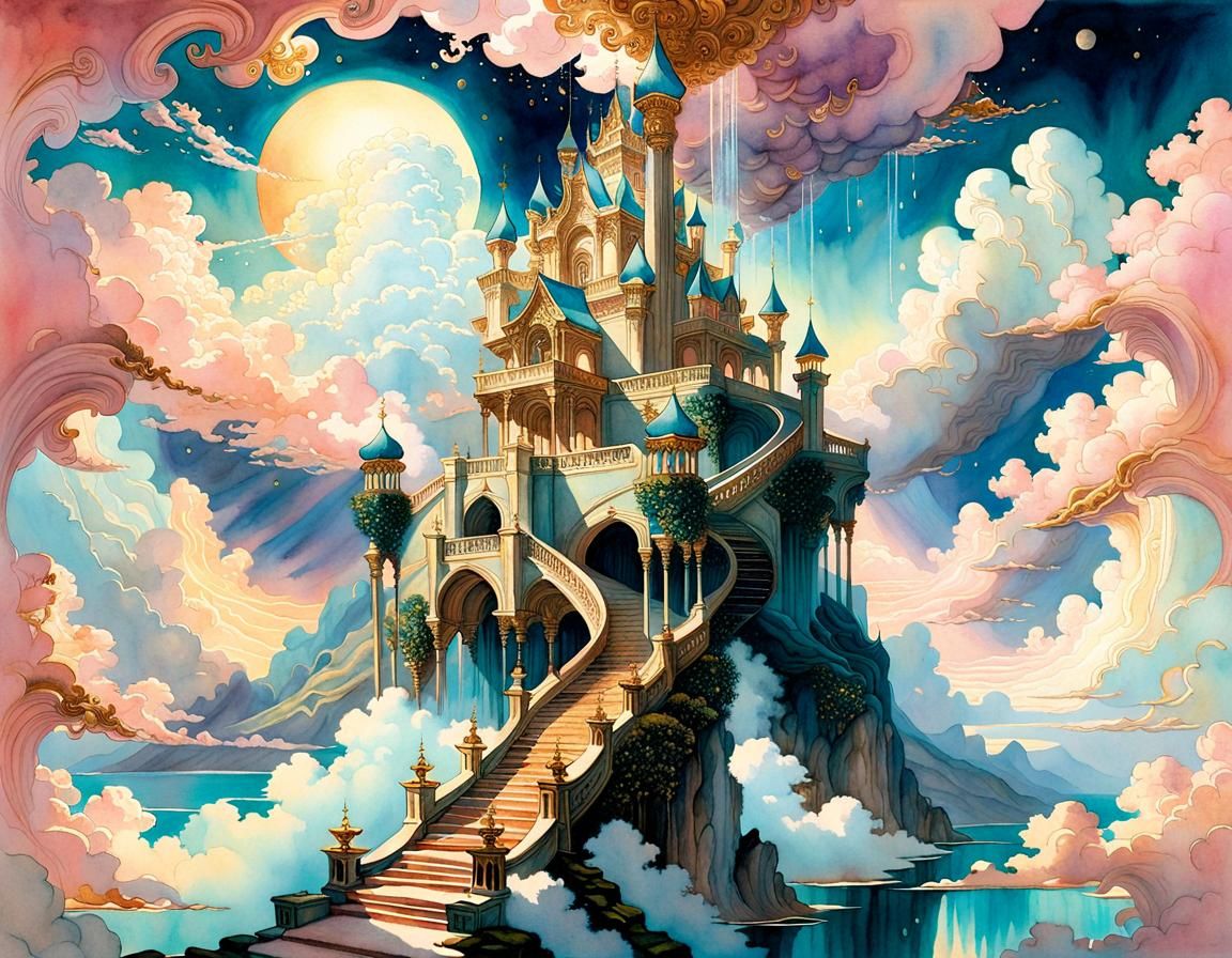 Fantastical Palace in the Sky Watercolor Painting