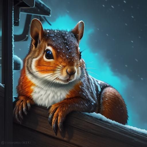 Squirrel in Neon House at Sunset