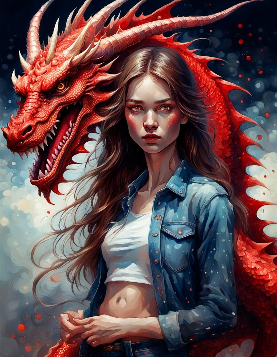 Woman and Dragon in Digital Pointillism Style