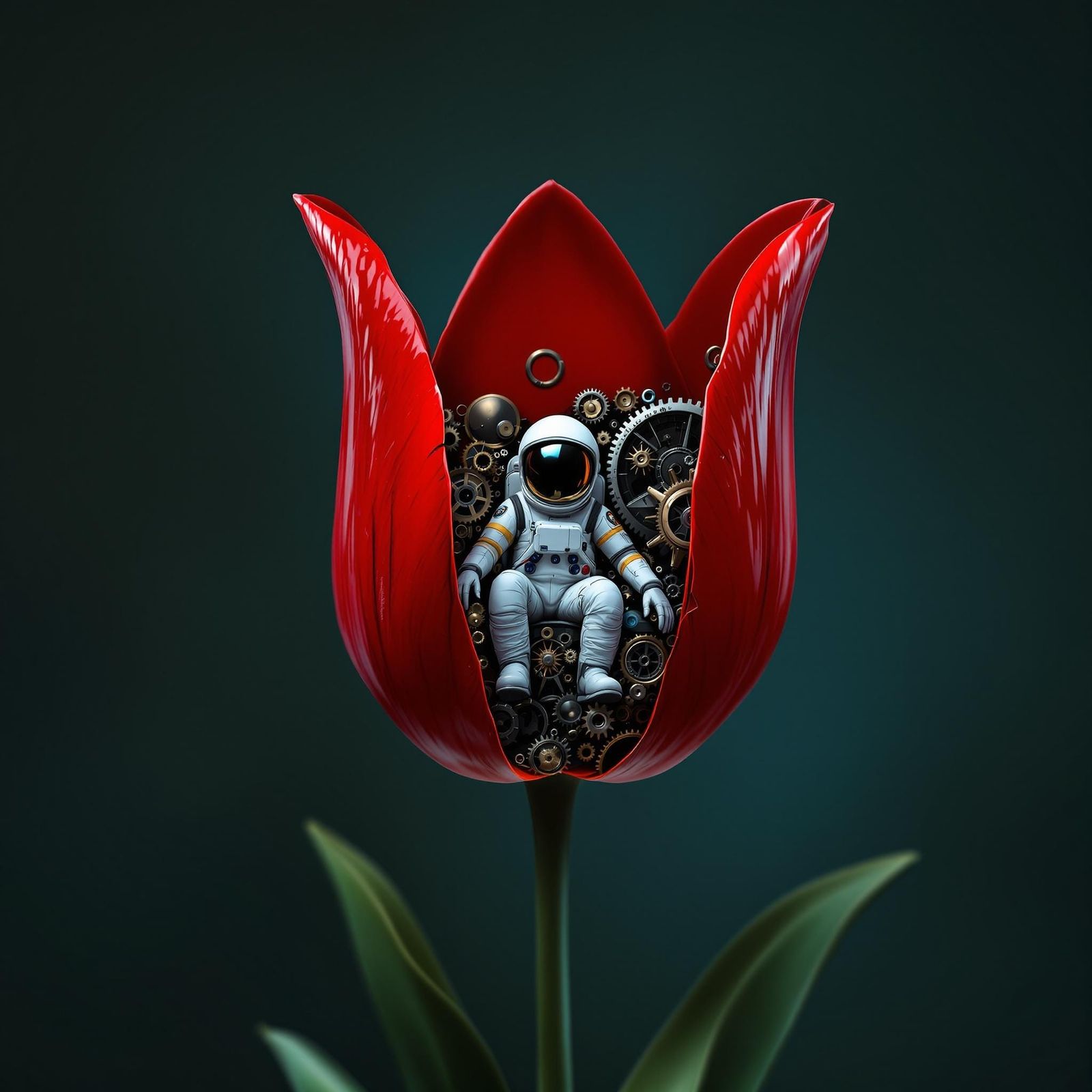 Surrealism Inspired Metal Tulip with Astronaut and Mechanica...