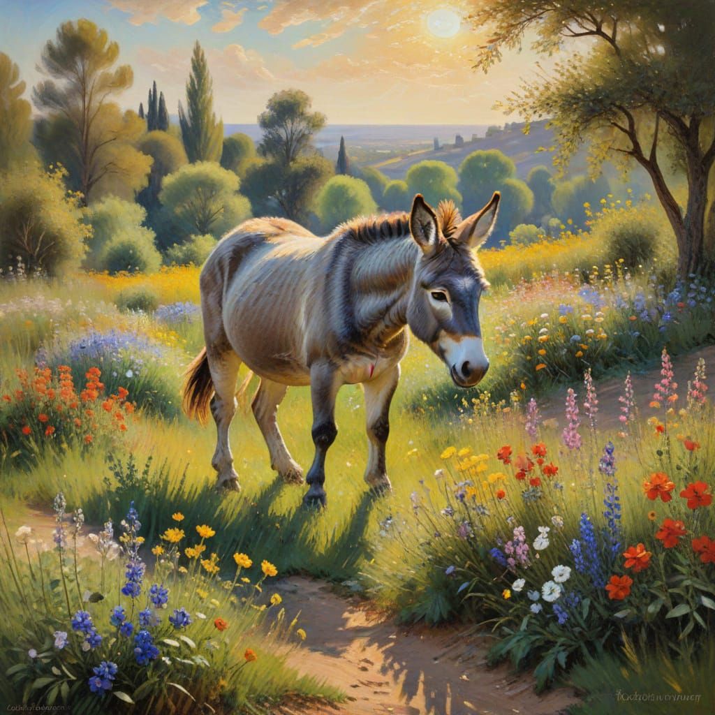Serene Impressionist Landscape: A Majestic Donkey in Vibrant...
