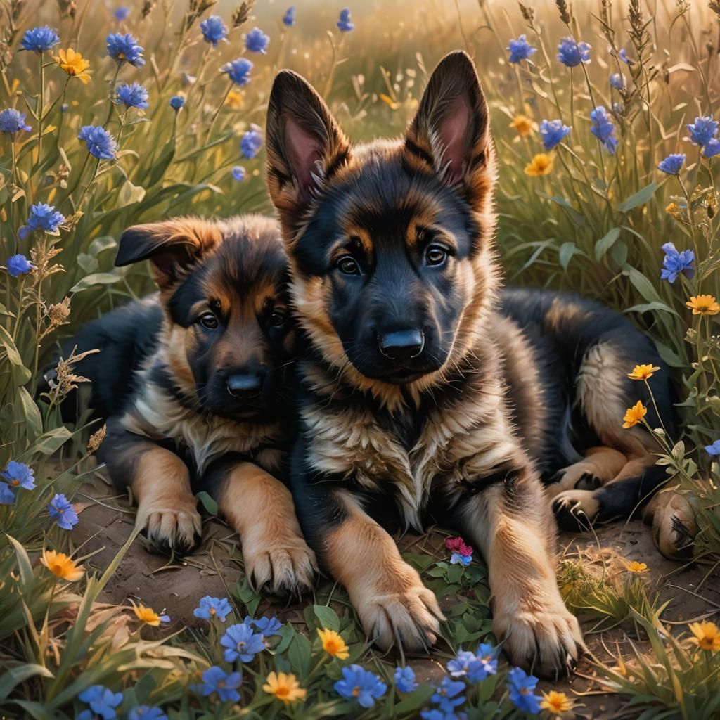German Shepherd Puppies Sleeping: Ethereal Matte Painting