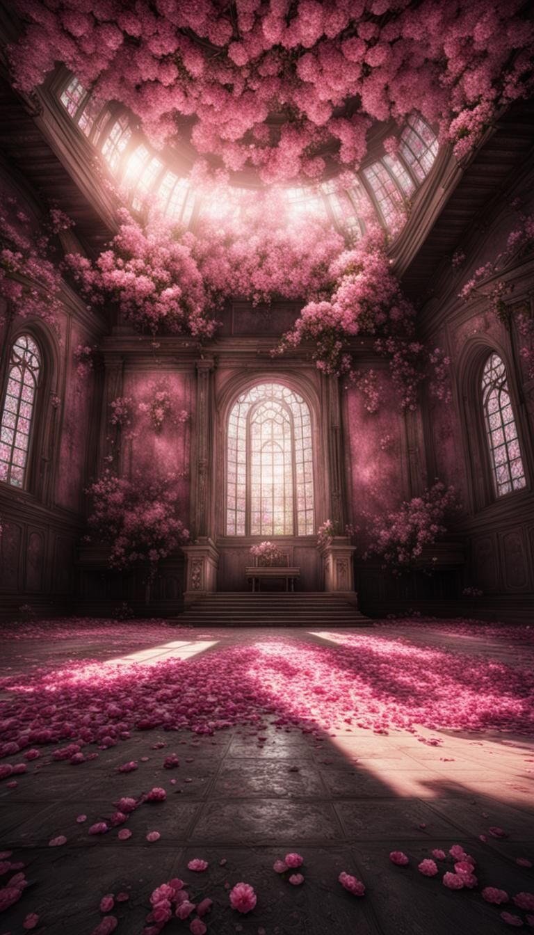 Abandoned Sanctuary with Blossoms in Hyperrealistic Style