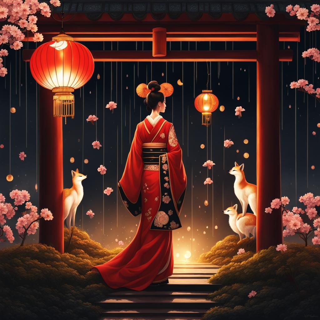 Kitsune Woman in Shinto Garden: Digital Art