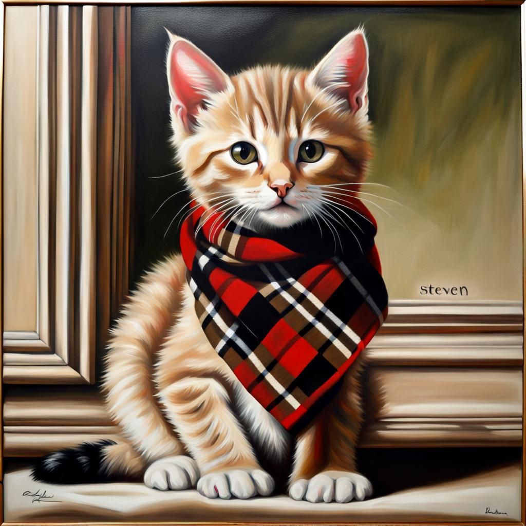 Kitten in Burberry Scarf: Photorealistic Oil Painting
