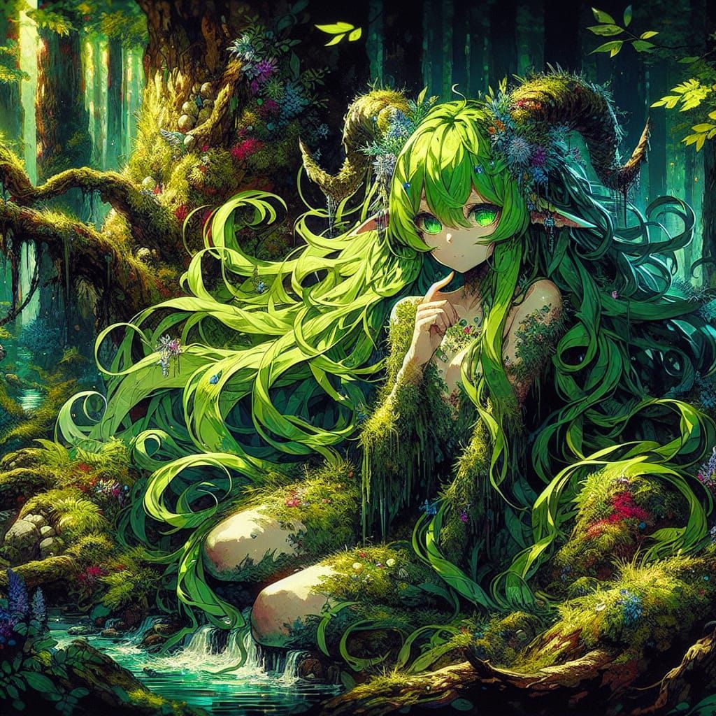 Anime Satyr Girl Covered in Moss in Forest