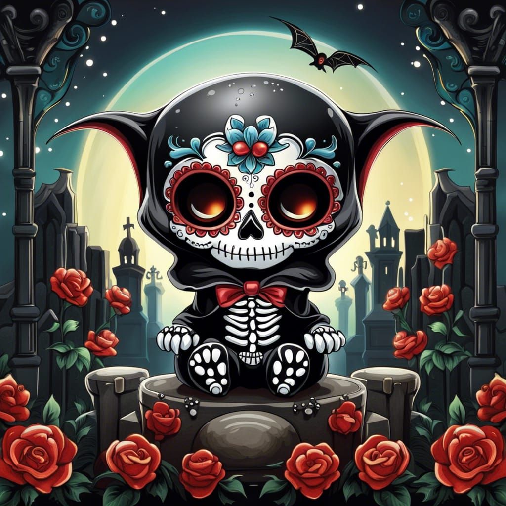 Chibi Vampire Skeleton in Cemetery: Fantasy Art