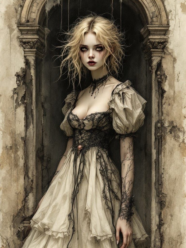Victorian Gothic Woman in Sepia Watercolor