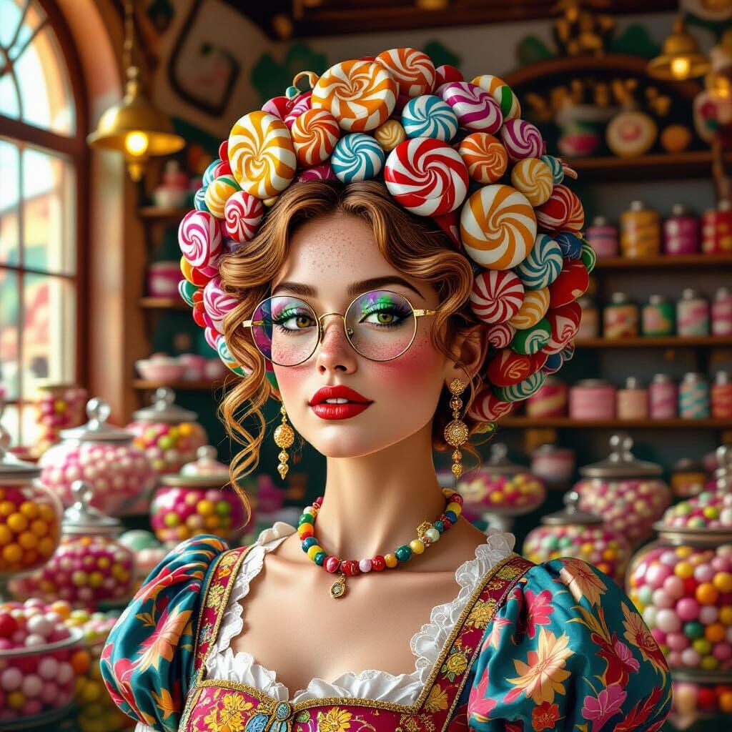 Woman with Candy Hair in Renaissance Candy Shop