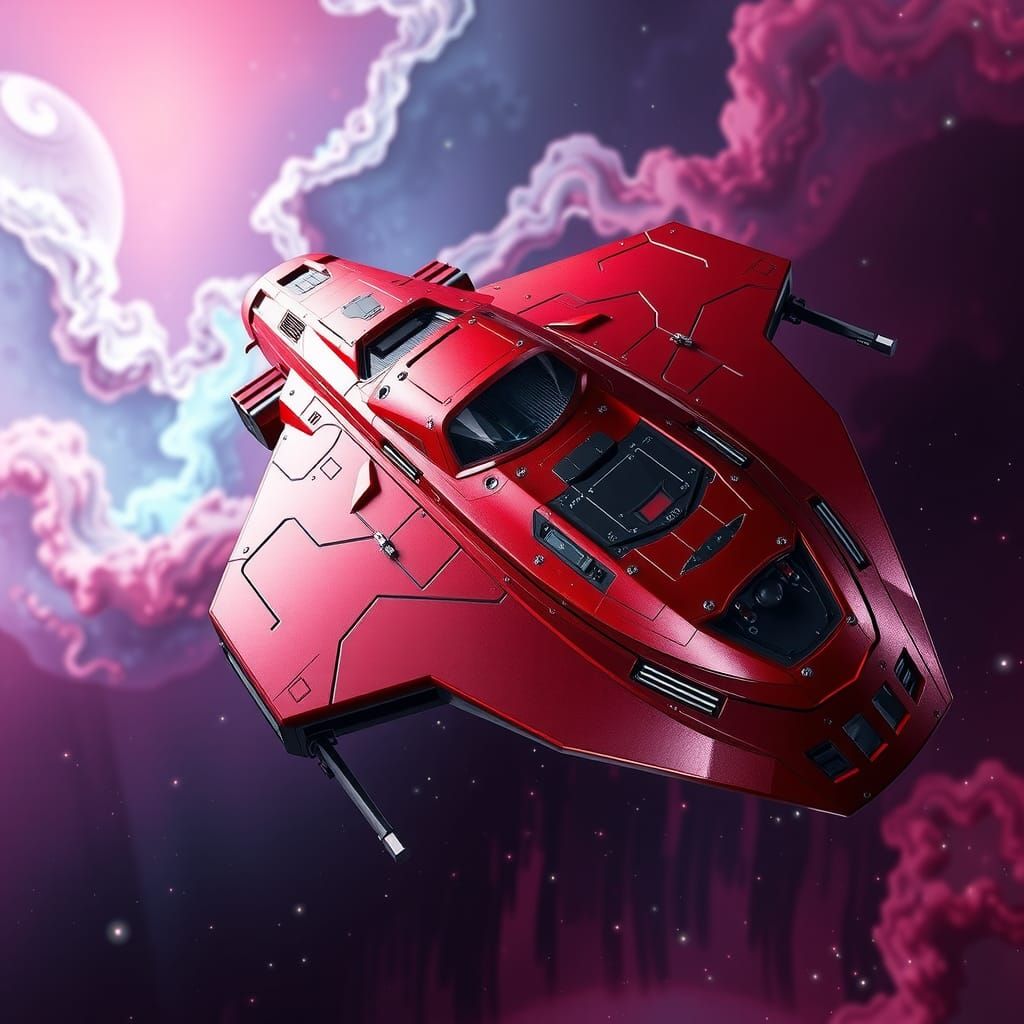 Crimson Starship Soaring Through Nebula in Sci-Fi Style