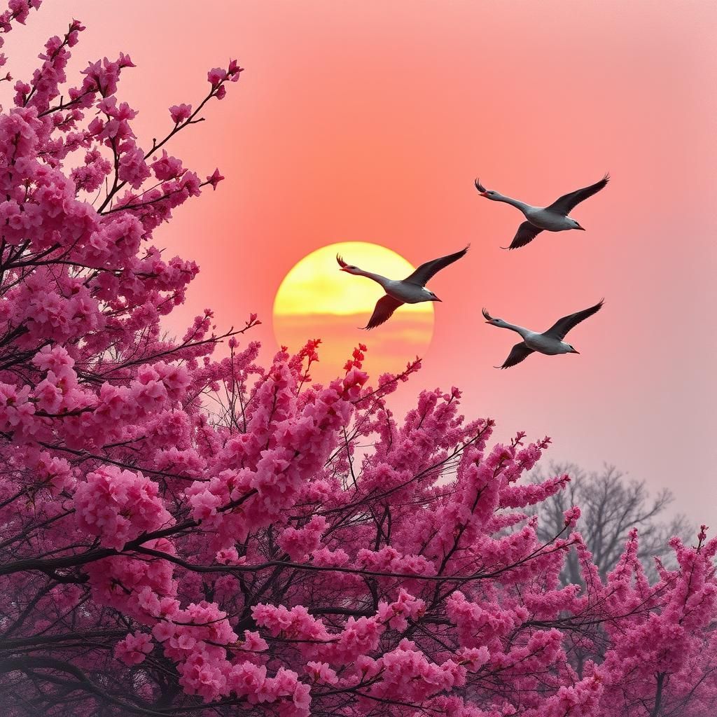 Geese Fly Over Cherry Blossoms: Watercolor Painting