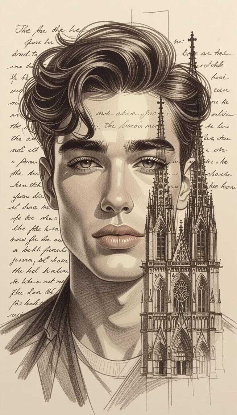 Pencil Sketch Portrait Merging Man and Cathedral
