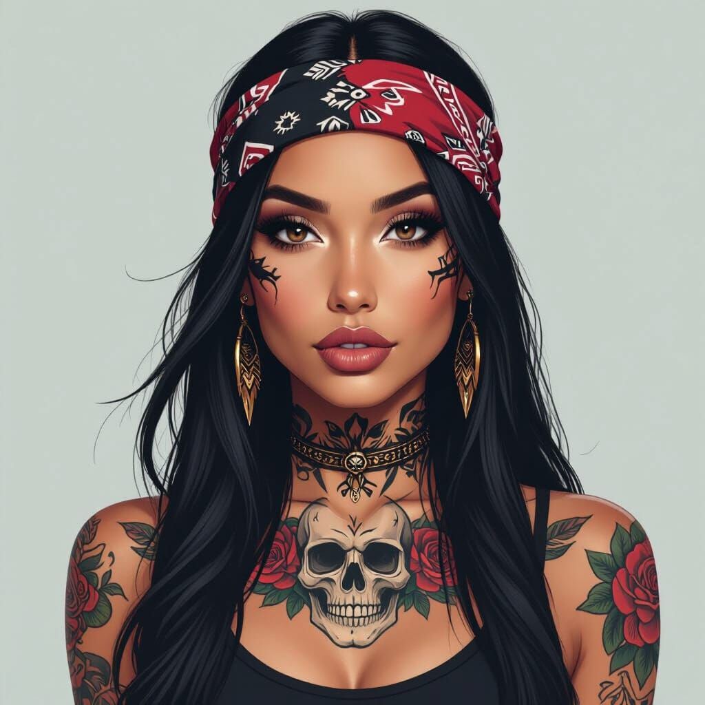 Native American Latina Woman with Skull Tattoos in Hyper-Rea...