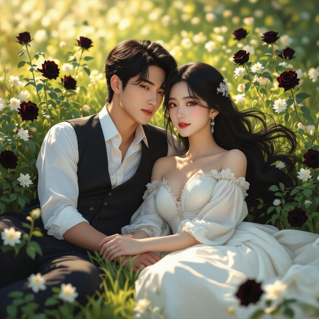 Romantic Couple Surrounded by Roses and Jasmine