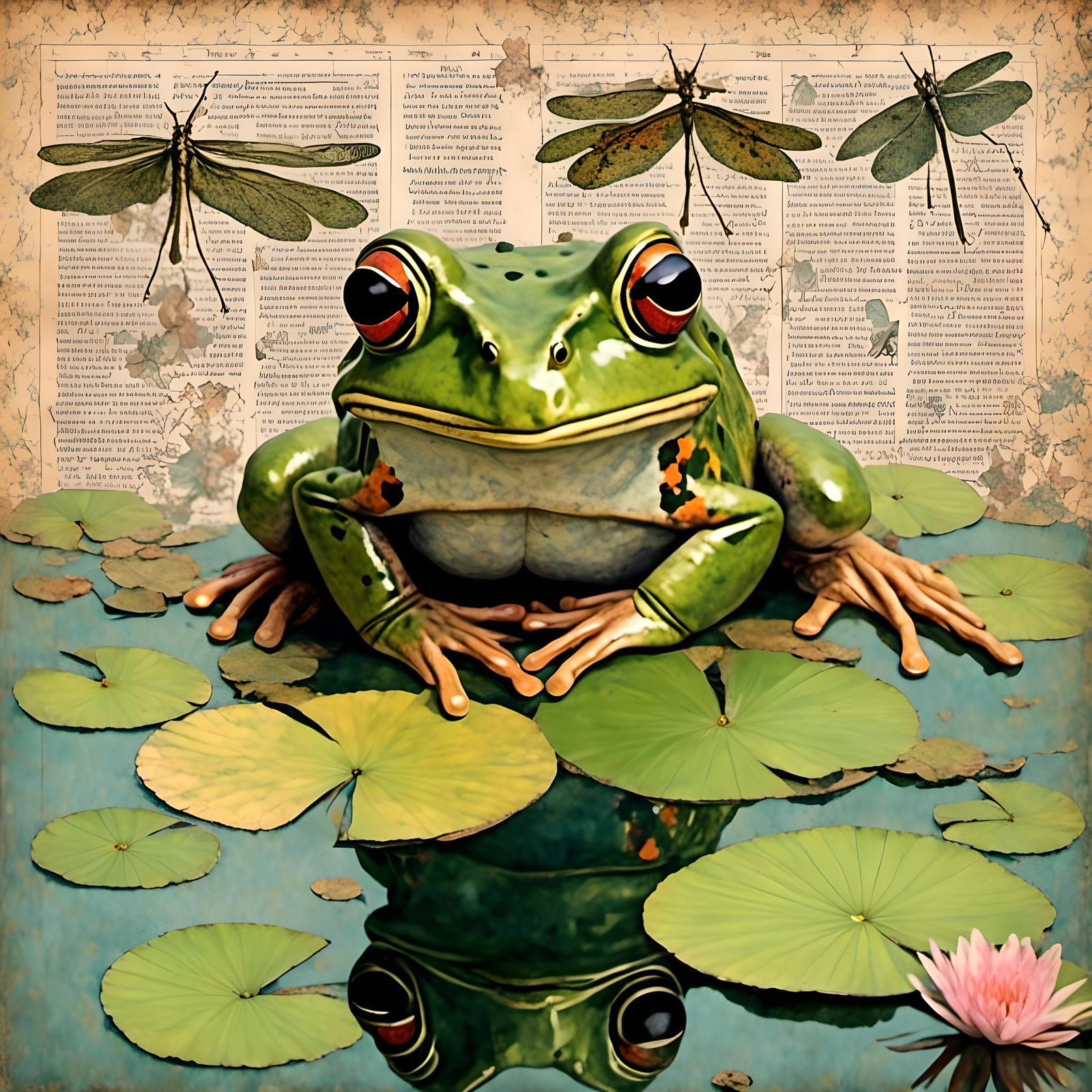 Frog Portrait in Pond as Digital Collage Art