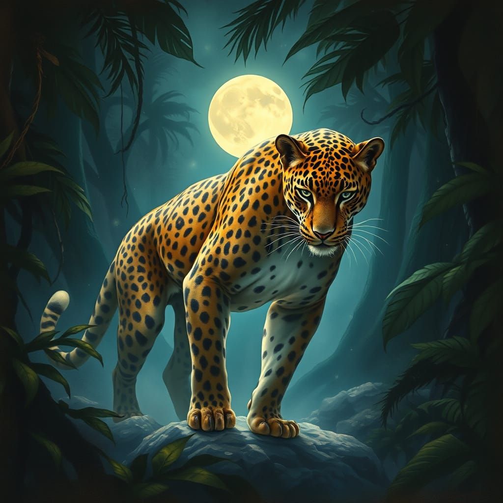 Ethereal Jaguar in Mystical Moonlit Jungle