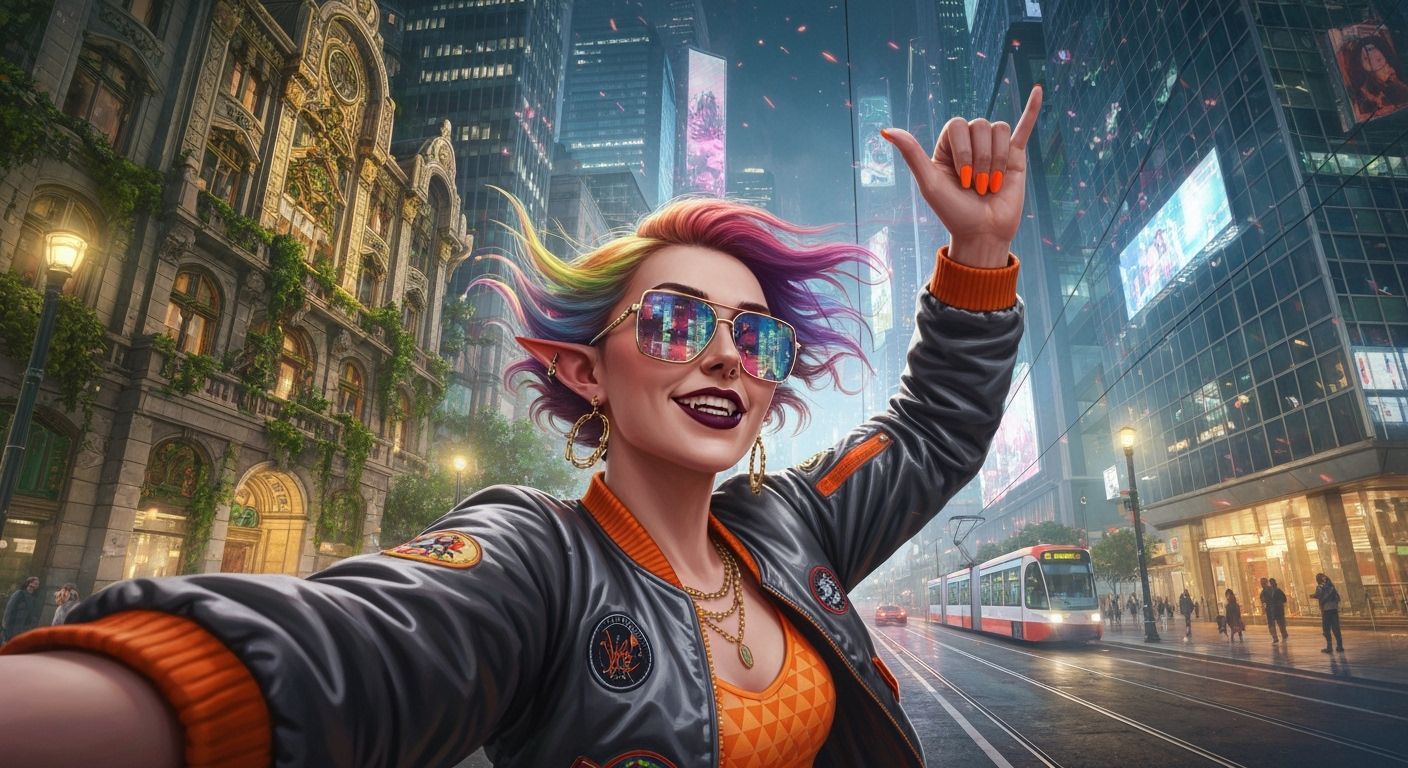 Cyberpunk Elf Selfie with Rainbow Hair
