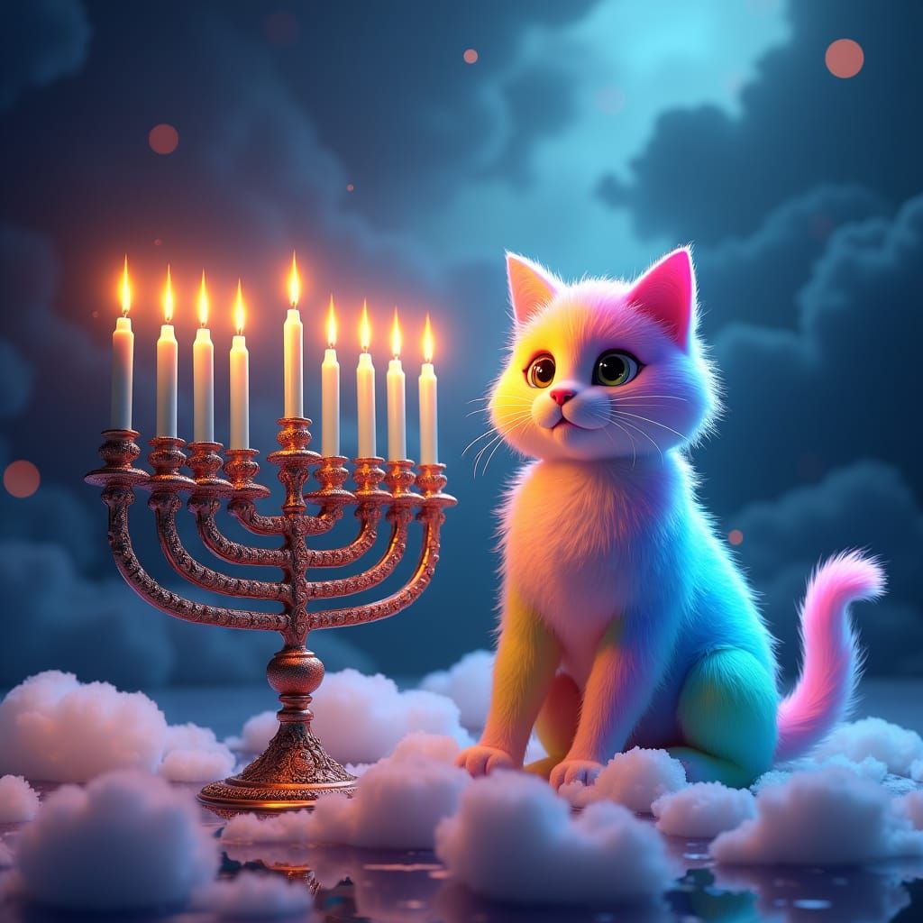 Rainbow Cat with Hanukkah Menorah: Dreamlike Digital Art
