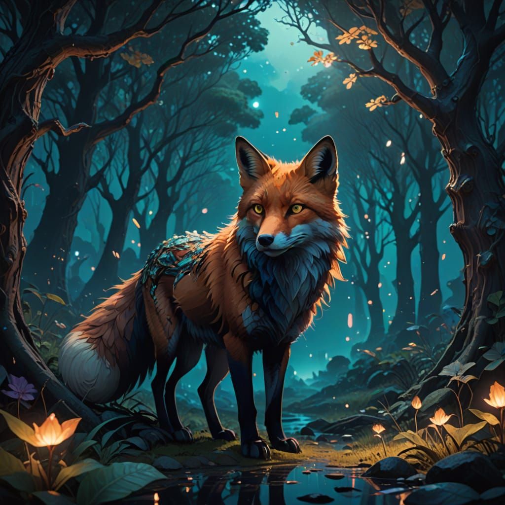 Mystical Fox in Enchanted Forest Dusk