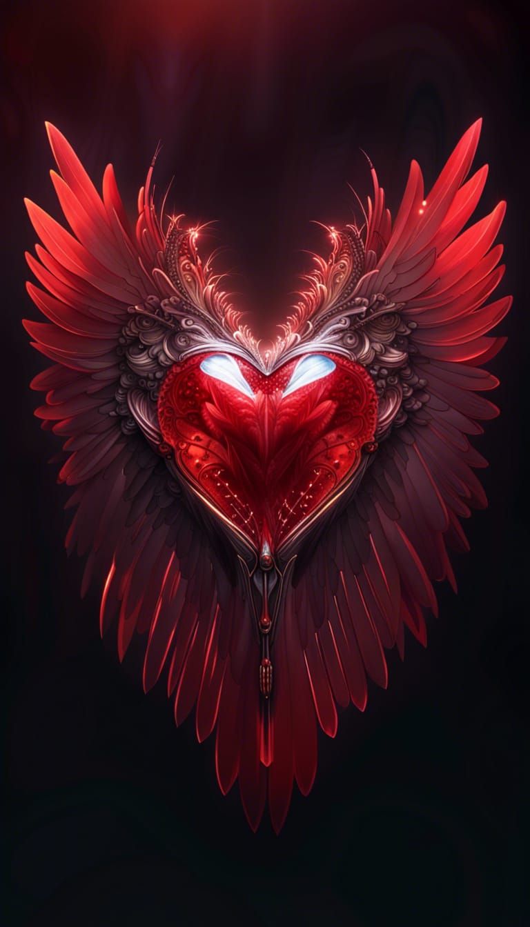 Red Glass Heart with Feathered Wings in Fantasy Art