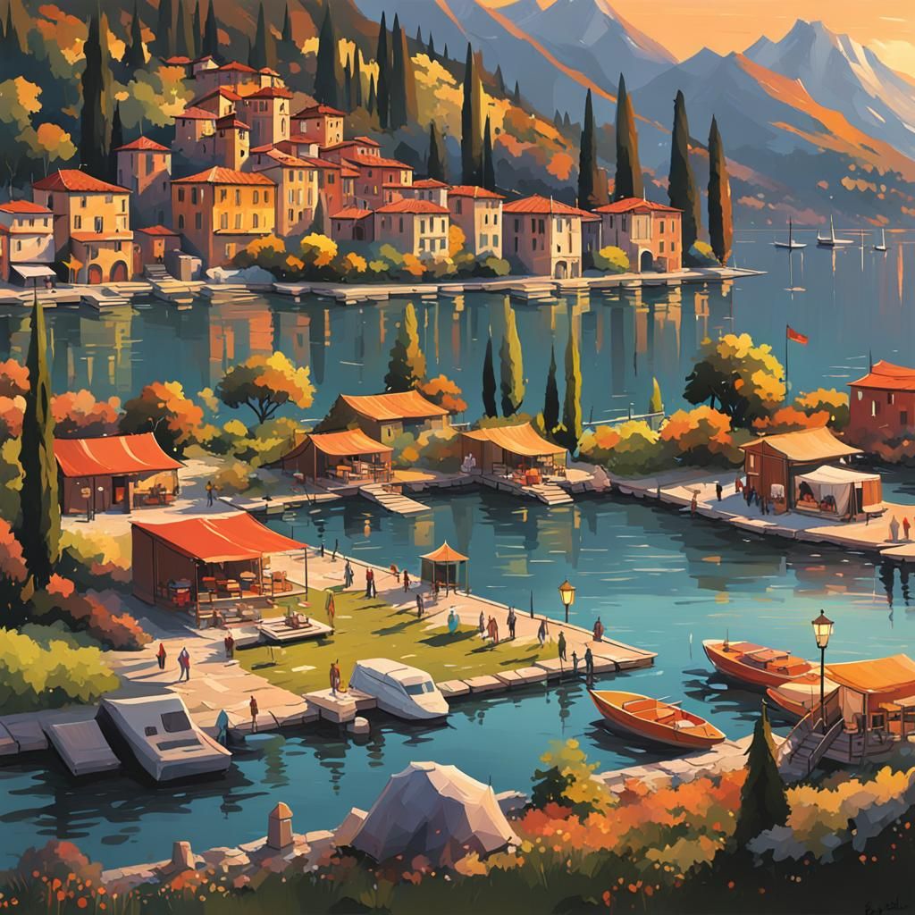 Lake Como Campsite Sunset: Eldritch Gouache Concept Art