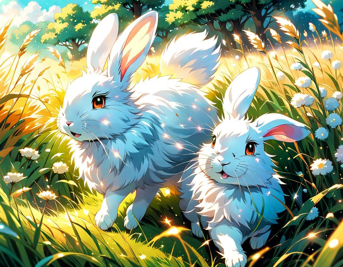 Fluffy Rabbits in Anime Meadow, Digital Painting