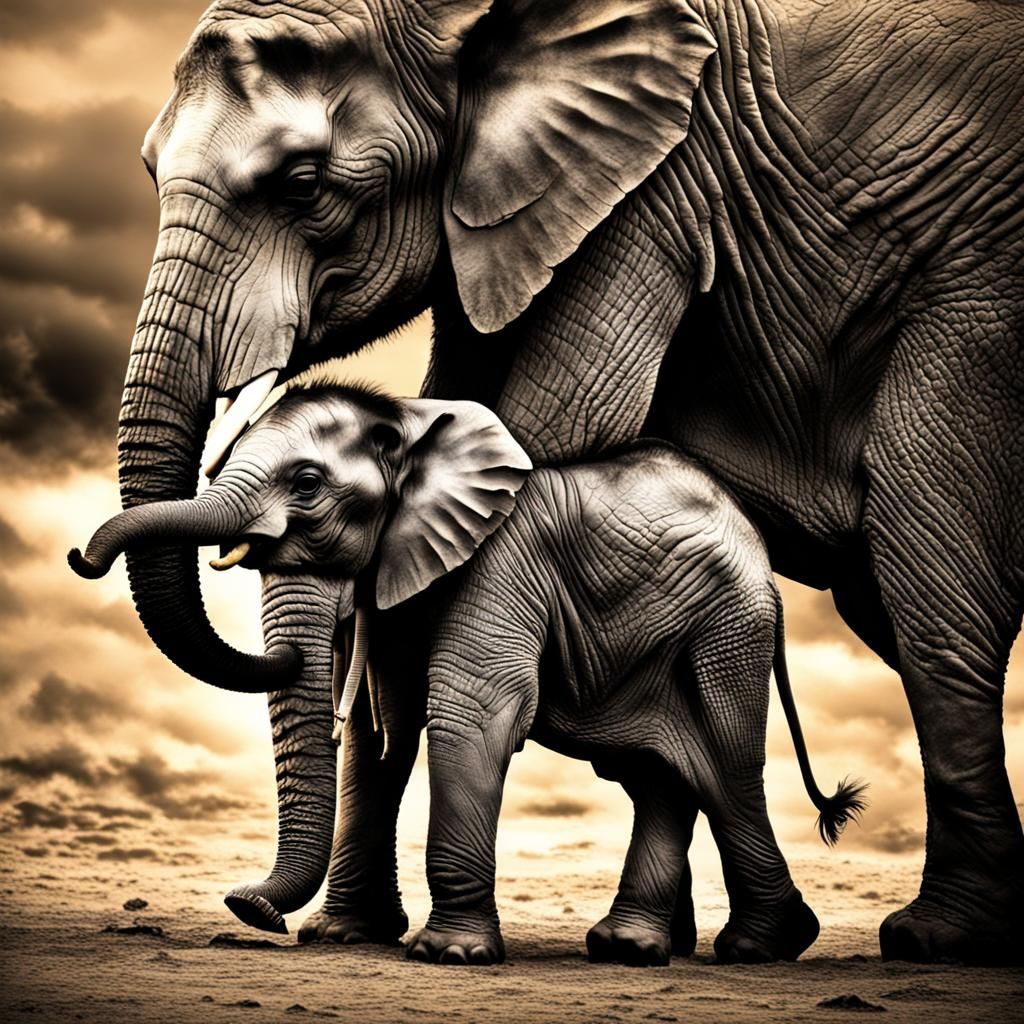 Hyperrealistic Baby Elephant with Mother in High Definition