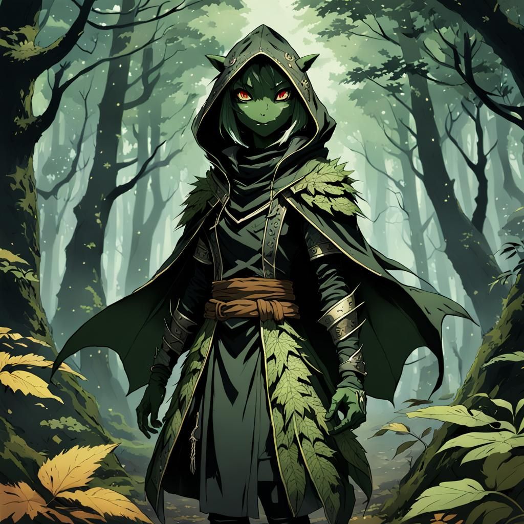 Black Lizardfolk in Forest, Anime Art Style