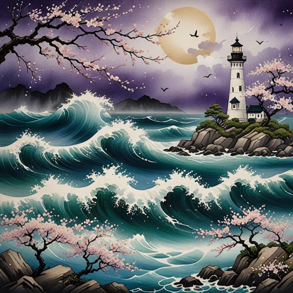 Lighthouse in Stormy Sea: Chinese Painting with Sakura