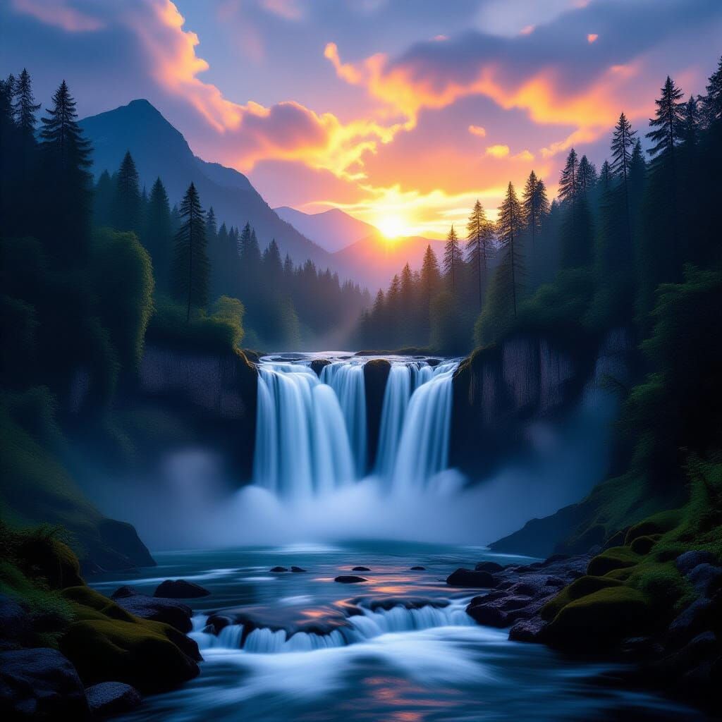 Surreal Forest Waterfall at Sunset