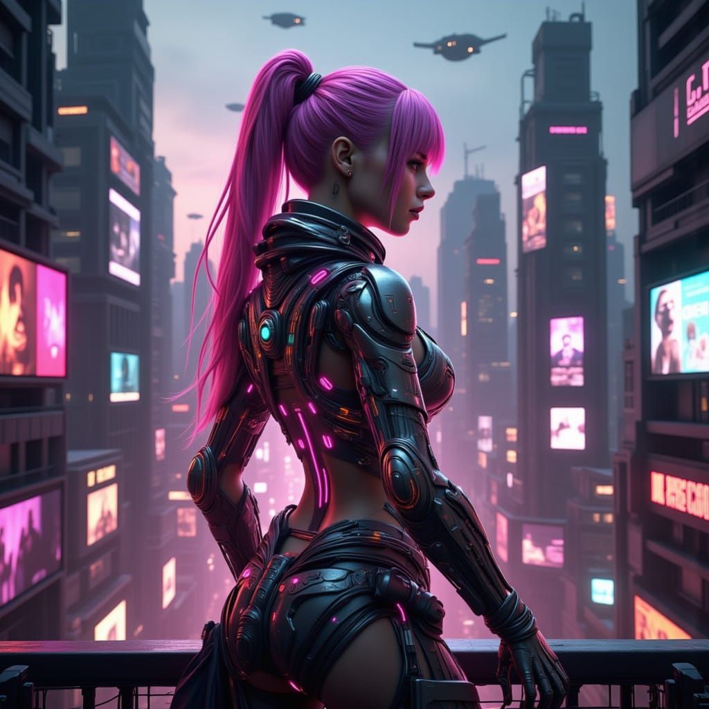 Cyberpunk Samurai Girl on Neon Rooftop