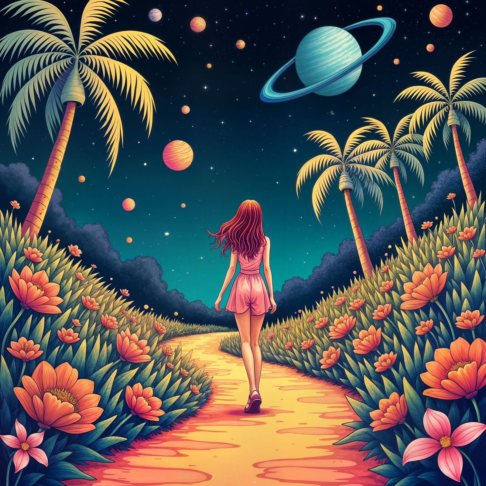 Psychedelic Garden Path with Planets Illustration